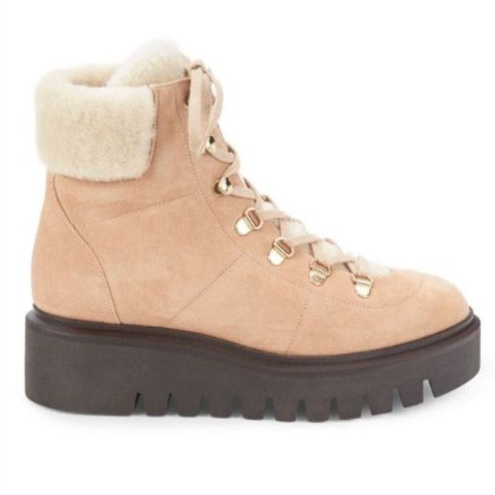 Stuart Weitzman Chalet Suede & Faux Fur Trim Combat Boots - Sandalwood (Size 8)